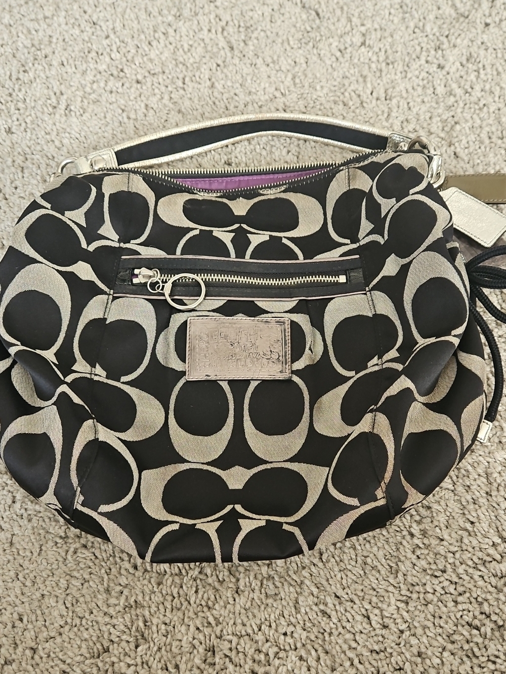 Coach Black and Beige Signature Shoulder Bag with Silver Hardware